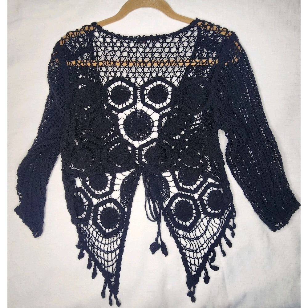 Women's Crotchet Black Sweater Fever Size Medium  Boho Festival Cochella Beach